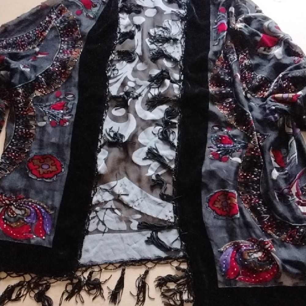 Womans L Velvet And Sheer Bohemian Beaded Fringe Kimono with Artistic Patterns